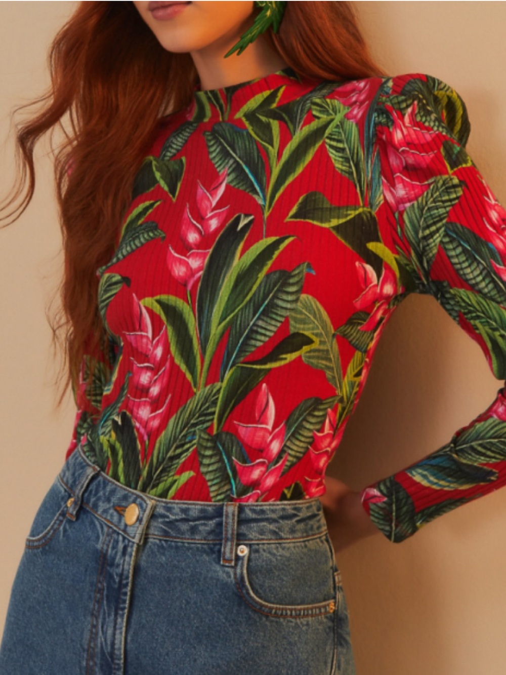 FARM Rio Red Tropical Floral Long Sleeve Top